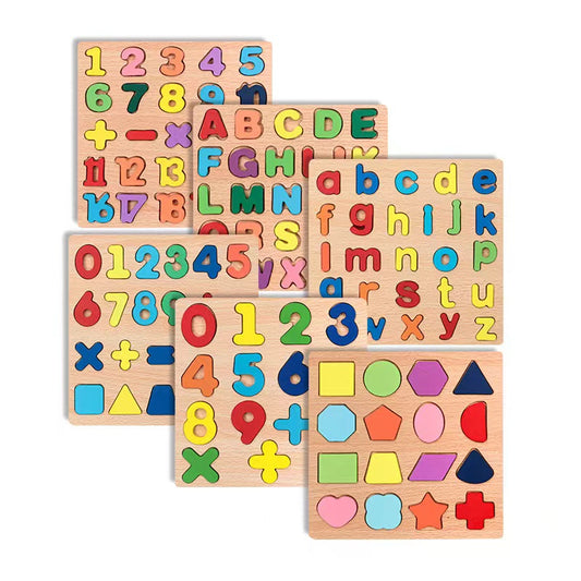 Wooden Board Alphabet Number Kids Montessori 3D Learning Puzzle Shaped Toy