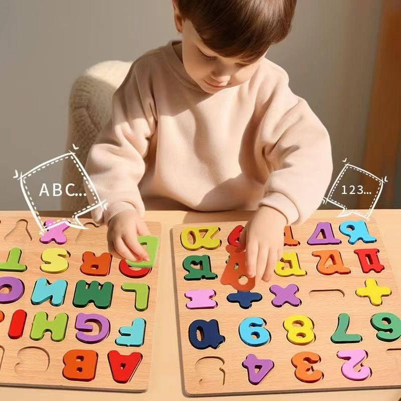 Wooden Board Alphabet Number Kids Montessori 3D Learning Puzzle Shaped Toy