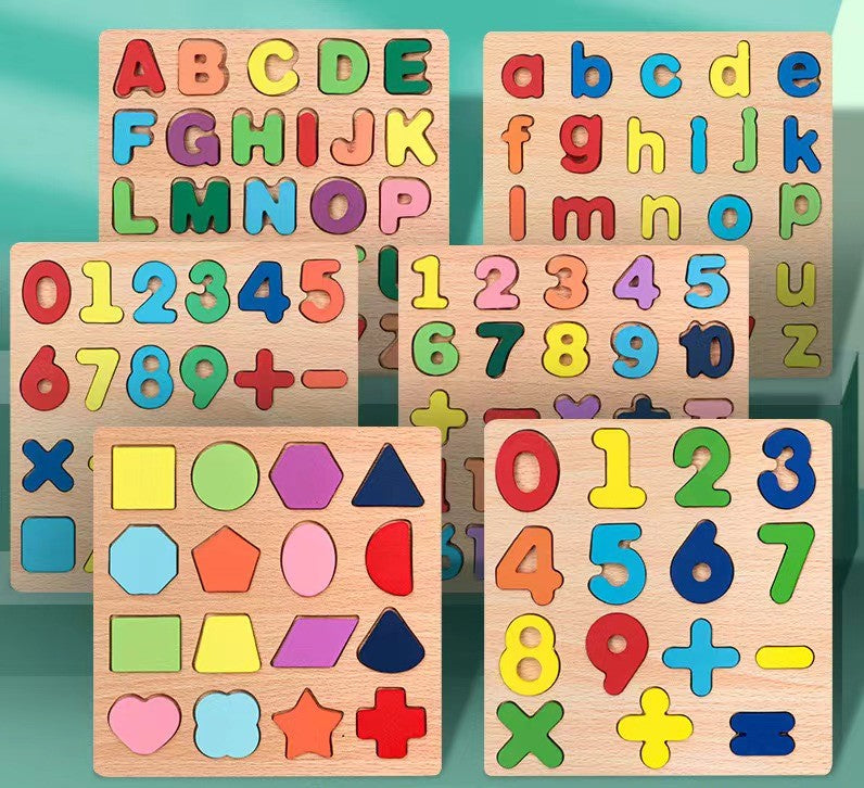 Wooden Board Alphabet Number Kids Montessori 3D Learning Puzzle Shaped Toy