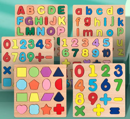 Wooden Board Alphabet Number Kids Montessori 3D Learning Puzzle Shaped Toy