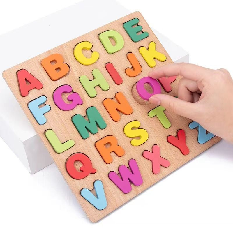 Wooden Board Alphabet Number Kids Montessori 3D Learning Puzzle Shaped Toy