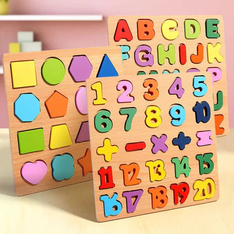 Wooden Board Alphabet Number Kids Montessori 3D Learning Puzzle Shaped Toy