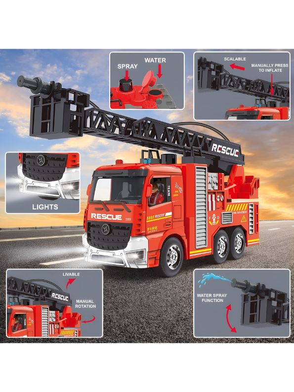 FireFlash RC Fire Truck – Remote Control Fire Truck Toy with Jet Pump, Lights & Sounds | Firefighter Rescue Vehicle for Kids - MD1809