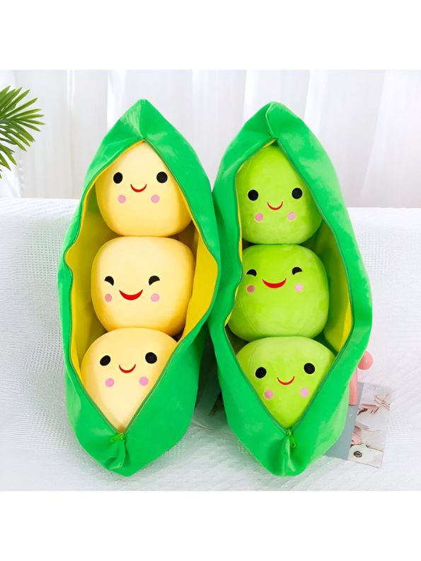 YELLOW - Smiley Pea Pod Plush Toy – 25cm Detachable Bean Set | Cute Stuffed Vegetable Toy for Kids - MS14493