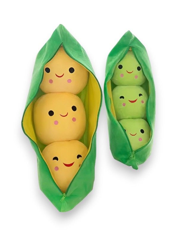 YELLOW - Smiley Pea Pod Plush Toy – 25cm Detachable Bean Set | Cute Stuffed Vegetable Toy for Kids - MS14493