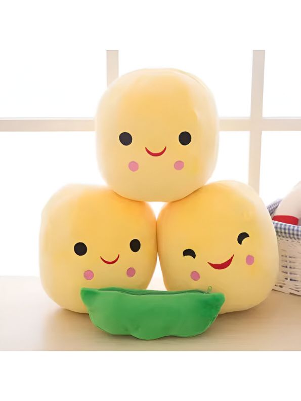YELLOW - Smiley Pea Pod Plush Toy – 25cm Detachable Bean Set | Cute Stuffed Vegetable Toy for Kids - MS14493